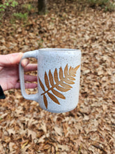 Load image into Gallery viewer, pottery mug, speckled white with ferns, FREE SHIPPING