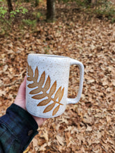 Load image into Gallery viewer, pottery mug, speckled white with ferns, FREE SHIPPING