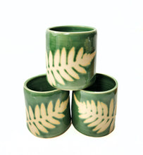 Load image into Gallery viewer, pottery cup "highball glass" green with ferns, FREE SHIPPING, ceramic cup