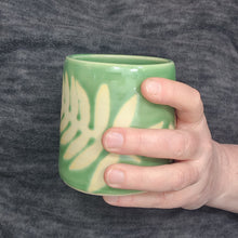 Load image into Gallery viewer, pottery cup "highball glass" green with ferns, FREE SHIPPING, ceramic cup