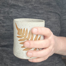 Load image into Gallery viewer, pottery cup "highball glass" speckled white with ferns, FREE SHIPPING, ceramic cup
