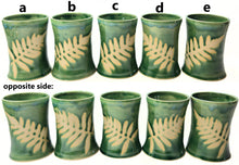 Load image into Gallery viewer, pottery cup "pint glass" green with fern, FREE SHIPPING (ceramic cup)