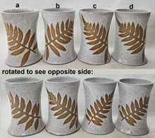 Load image into Gallery viewer, pottery cup "pint glass" speckled white with fern, FREE SHIPPING, ceramic cup
