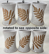 Load image into Gallery viewer, pottery cup "pint glass" speckled white with fern, FREE SHIPPING, ceramic cup