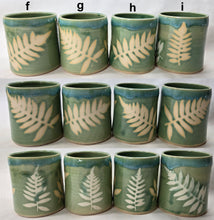 Load image into Gallery viewer, pottery cup "highball glass" green with ferns, FREE SHIPPING, ceramic cup
