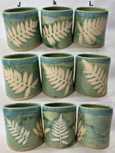 Load image into Gallery viewer, pottery cup "highball glass" green with ferns, FREE SHIPPING, ceramic cup