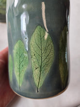 Load image into Gallery viewer, pottery mug made of recycled materials with leaf impressions, FREE SHIPPING, handmade ceramic mug