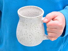 Load image into Gallery viewer, pottery mug, speckled white with curvy sides, FREE SHIPPING, handmade ceramic mug