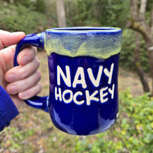 Load image into Gallery viewer, NAVY HOCKEY pottery mug, FREE SHIPPING, handmade wheel-thrown ceramic mug