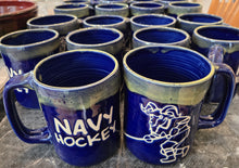 Load image into Gallery viewer, NAVY HOCKEY pottery mug, FREE SHIPPING, handmade wheel-thrown ceramic mug
