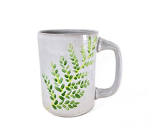 Load image into Gallery viewer, pottery mug, white with green ferns FREE SHIPPING, handmade ceramic mug handpainted