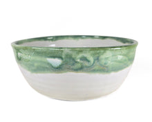 Load image into Gallery viewer, pottery bowl, serving bowl white with green rim, FREE SHIPPING