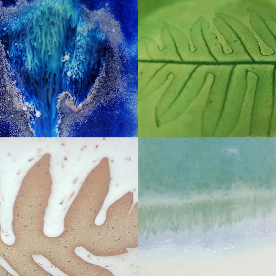This page demonstrates my typical clay and glaze patterns. Glaze layering, drippy glaze, floating blue glaze, speckled clay, botanical decor, leaf impressions, glaze resist. Ferns, clouds, and other natural themes. 
