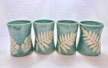 Load image into Gallery viewer, pottery cup "pint glass" green with fern, FREE SHIPPING (ceramic cup)