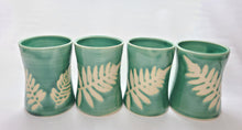 Load image into Gallery viewer, pottery cup "pint glass" green with fern, FREE SHIPPING (ceramic cup)