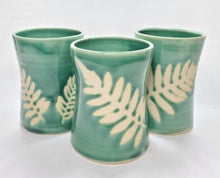 Load image into Gallery viewer, pottery cup "pint glass" green with fern, FREE SHIPPING (ceramic cup)