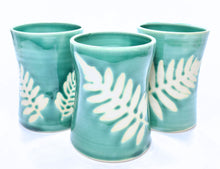 Load image into Gallery viewer, pottery cup "pint glass" green with fern, FREE SHIPPING (ceramic cup)