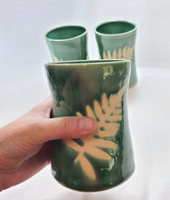 Load image into Gallery viewer, pottery cup "pint glass" green with fern, FREE SHIPPING (ceramic cup)