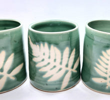 Load image into Gallery viewer, pottery cup "highball glass" green with ferns, FREE SHIPPING, ceramic cup