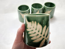Load image into Gallery viewer, pottery cup "highball glass" green with ferns, FREE SHIPPING, ceramic cup