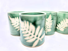 Load image into Gallery viewer, pottery cup "highball glass" green with ferns, FREE SHIPPING, ceramic cup