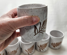 Load image into Gallery viewer, pottery cup "highball glass" speckled white with ferns, FREE SHIPPING, ceramic cup