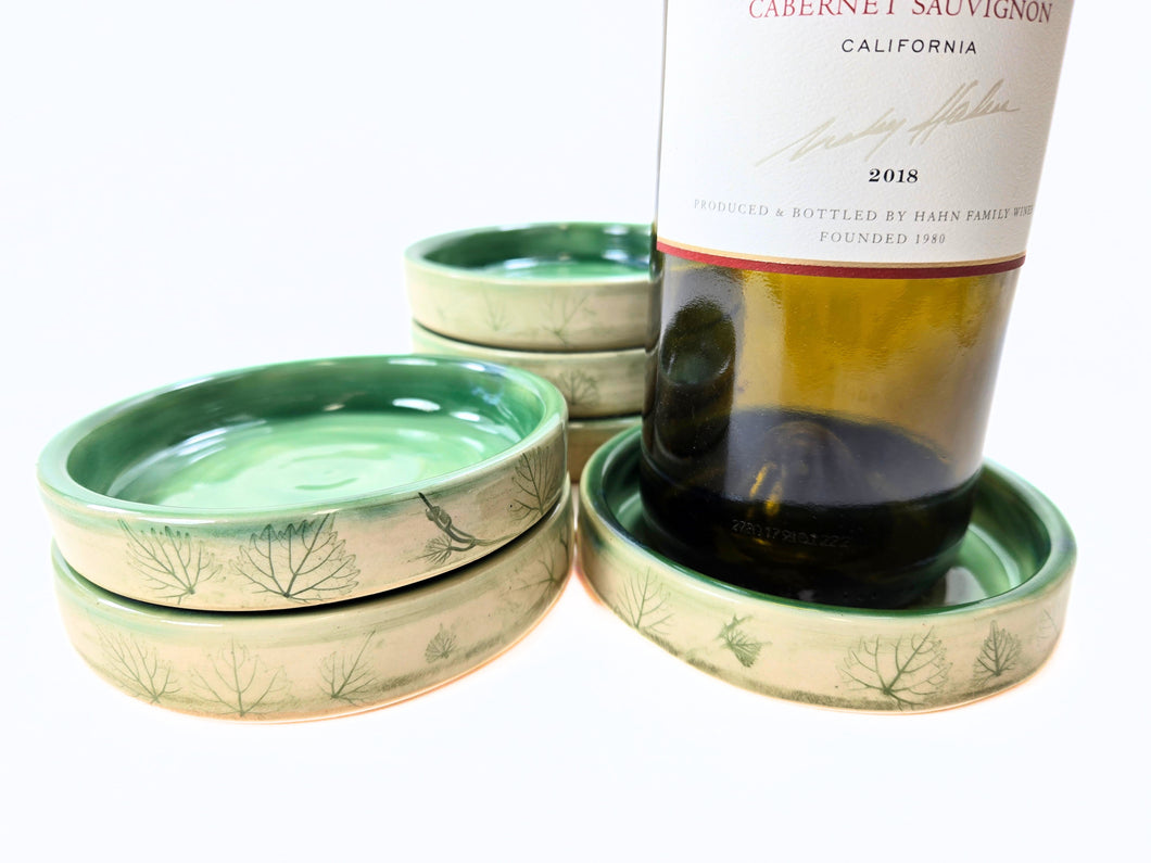 pottery wine bottle coasters with grape leaf impression, FREE SHIPPING