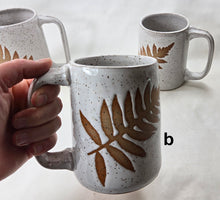 Load image into Gallery viewer, pottery mug, speckled white with ferns, FREE SHIPPING
