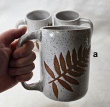Load image into Gallery viewer, pottery mug, speckled white with ferns, FREE SHIPPING
