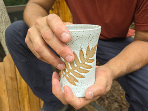 pottery cup "pint glass" speckled white with fern, FREE SHIPPING, ceramic cup