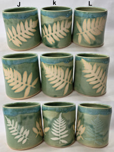 pottery cup "highball glass" green with ferns, FREE SHIPPING, ceramic cup