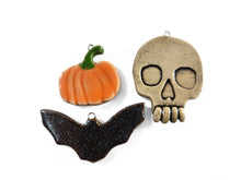 Load image into Gallery viewer, holiday ornament pumpkins skulls and bats, FREE SHIPPING, Halloween ornament or autumn ornament
