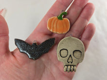 Load image into Gallery viewer, holiday ornament pumpkins skulls and bats, FREE SHIPPING, Halloween ornament or autumn ornament
