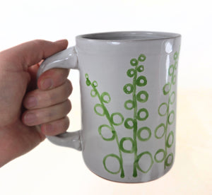 pottery mug, white with green ferns FREE SHIPPING, handmade ceramic mug handpainted