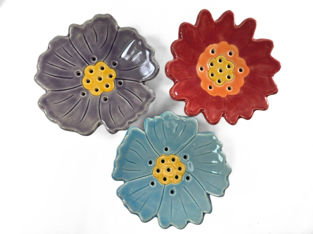pottery soap dish, flowers ! , FREE SHIPPING, ceramic sponge holder