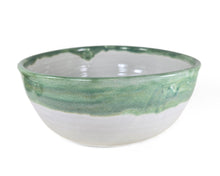 Load image into Gallery viewer, pottery bowl, serving bowl white with green rim, FREE SHIPPING
