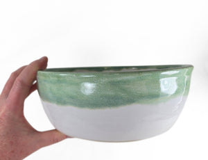 pottery bowl, serving bowl white with green rim, FREE SHIPPING