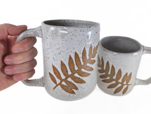pottery mug, speckled white with ferns, FREE SHIPPING