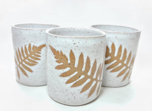small pottery cup - FREE SHIPPING - speckled white with ferns