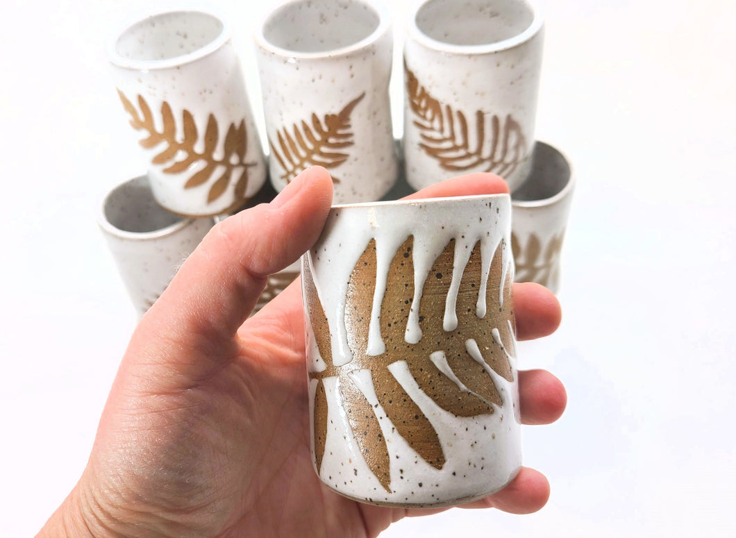 pottery shot glass - FREE SHIPPING - speckled white with ferns