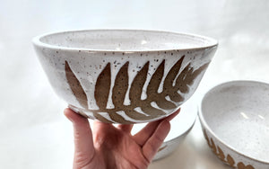 pottery soup bowl - FREE SHIPPING - ferns with white speckle